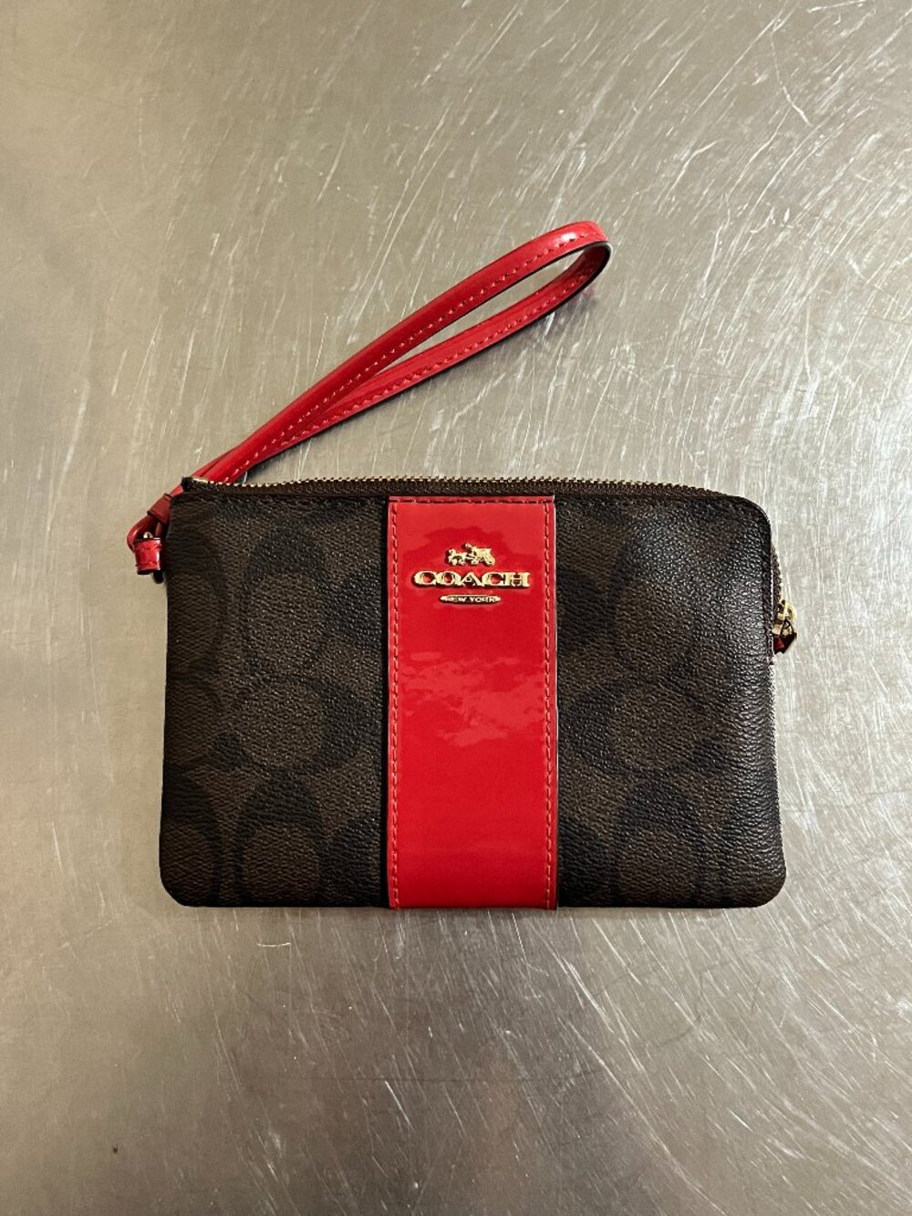 COACH Frosted Red Corner Zip Wrislet Wallet in Signature Canvas